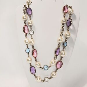 Multicolor Glass and Faux Pearl Beaded Necklace and bracelet with bronze accent